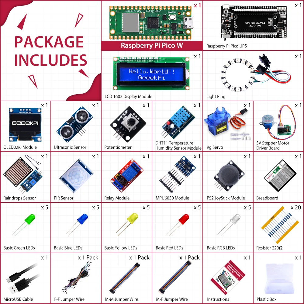 52Pi kit contents: Pico, UPS board, OLED, LCD, sensors, joystick, motors, breadboard, LEDs, resistors, USB cable, and jumper leads.